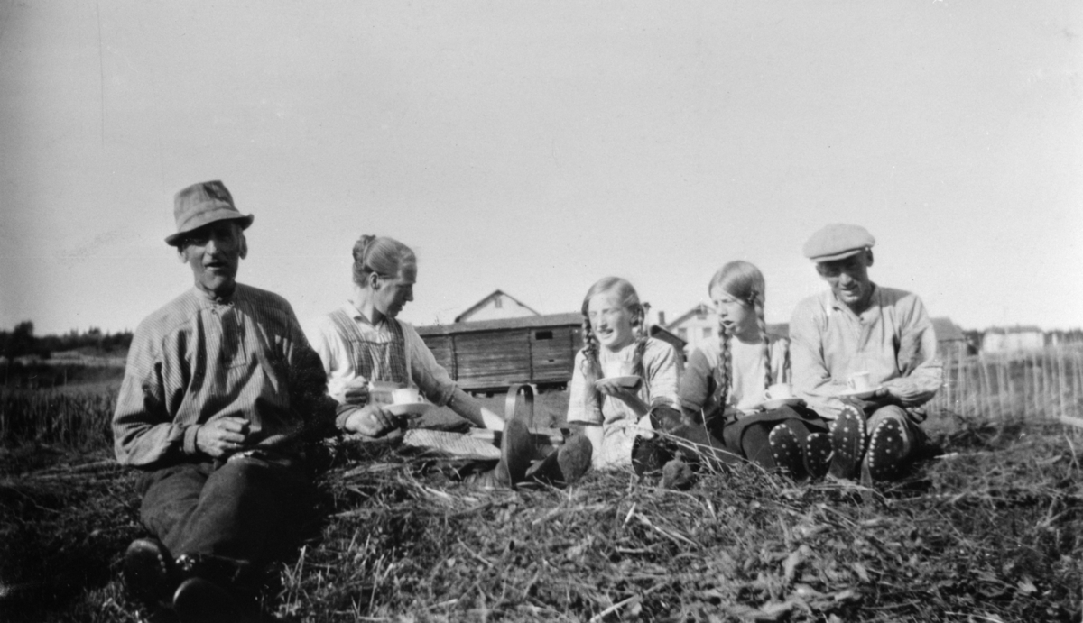 Oppland, Øyer, Sygard Høvren. Kaffepause i høyonna. Fra venstre Laurits Høvren, Mari Høvren, Agnes Høvren, Ingrid Høvren og Fritjof Kruke.