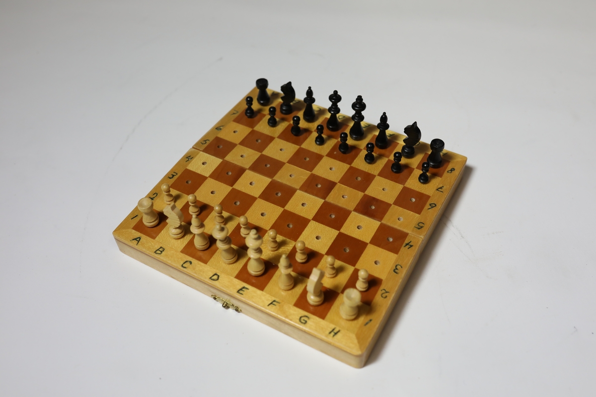 Sjakkbrett i eske med lokk. Rundt kanten er det bokstaver og tall for rutene, og rutene har hull i midten som brikkene kan festes i. Brettet er delt i to og hengslet på midten under. Det er hullrom under med bunn dekket med stoff der brikkene kan oppbevares når brettet er lukket sammen.