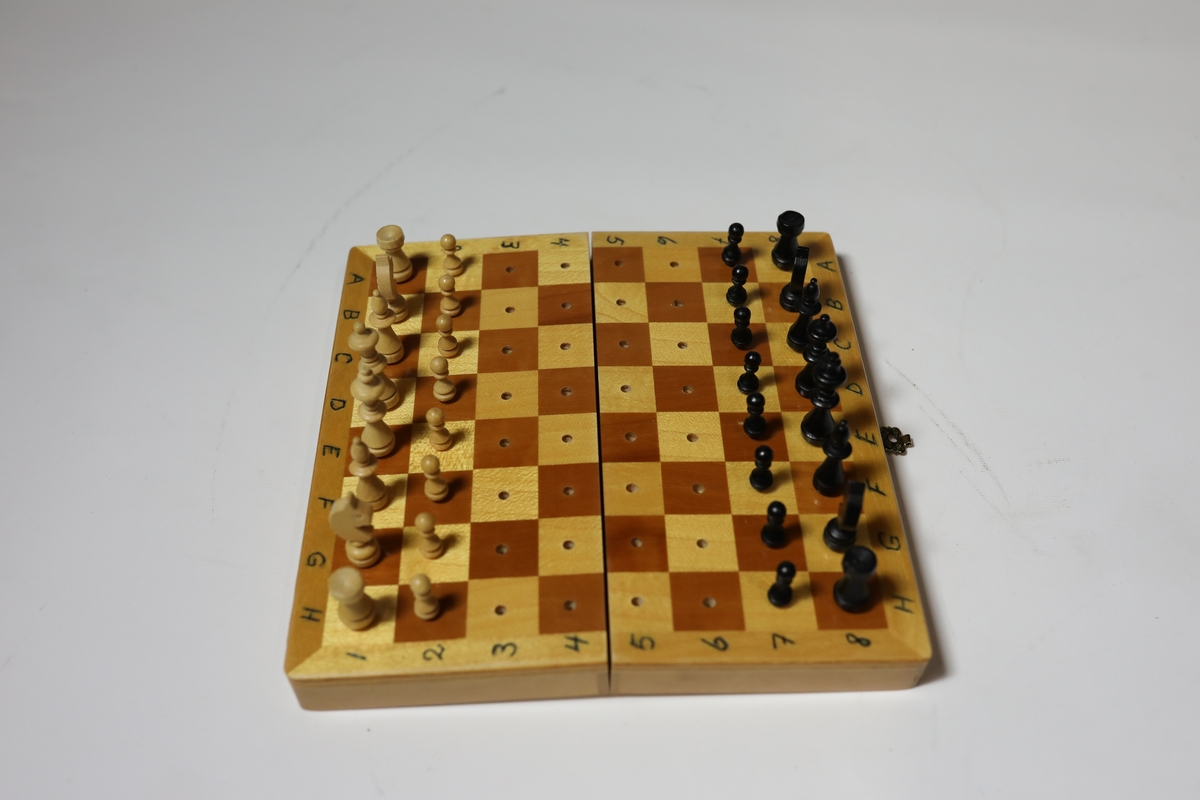 Sjakkbrett i eske med lokk. Rundt kanten er det bokstaver og tall for rutene, og rutene har hull i midten som brikkene kan festes i. Brettet er delt i to og hengslet på midten under. Det er hullrom under med bunn dekket med stoff der brikkene kan oppbevares når brettet er lukket sammen.
