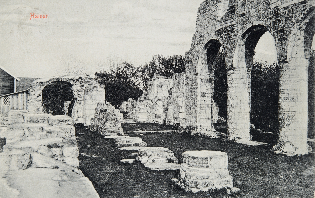 Postkort, Hamar, Domkirkeruinen på Domkirkeodden, Storhamar, 