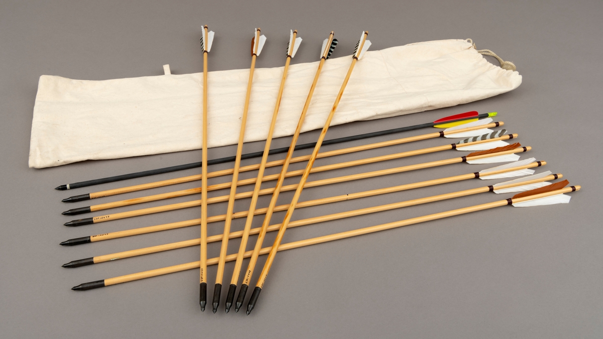 Gjenstanden består av et sett med piler i en hvit tøypose. Det er 11 trepiler og 1 pil av karbonmaterale (karobonfiber) i tøyposen. Pilene er brukt sammen med langbue, SJF.15046. 

De 11 trepilene har sannsynligvis skaft av furu, pålimt feltspiss og styrefjær av kalkun. Styrefjærene er ensfarget hvite og brune, enkelte er flerfargete. I enden er det utskåret et hakk (nokk) for buestrengen. Det er påsurret rødbrun lintråd på pilskaftet ved pilas nokk og ved fjærendene. Lintråden er satt på med lim. 

Pilen av karbonmateriale (karbonfiber) er utstyrt med feltspiss. Pilen har styrefjær av kunststoff i rødt og gult. Pilen har en grøn nokk av plastmateriale i enden som tres på buestrengen. Pilen og har gjenger i ene enden, slik at spissen kan byttes etter behov.

Den hvite tøyposen ("pilkoggeret"), antatt laget av bomull (kanvas), har et stort rom for oppbevaring av piler. Åpningen  strammes med en snor tredd gjennom en hylse av bein. Når posen ligger plant har den en rektagulær form. På ene siden er det påsydd to hemper. Posens sømmer er hvite. 

[En langbue med nummer SJF.15046 er relatert til pilsettet, se fanen "Relaterte objekter"]