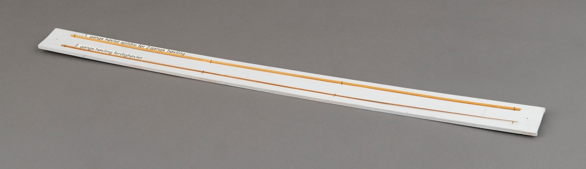 To splitcaneribber, spildrer av bambus (tonkinbambus), montert på en hvitmalt treplate. Spildrene har sitt utgansgpunkt i et bambusråemne (tonkinbambus) som er splittet opp og industrielt behandlet i firmaet Asbjørn Hørgårds maskiner, for deretter å bli limt sammen til fiskestenger.  Montasjen med de to spildrene har vært utstilt i museets basisutstilling om ferskvannsfiske fram til cirka 2013.

På den hvite treplata ses øverst en 1. gangs høvlet spildre før 2. gangs høvling og nederst en spildre (ribbe) etter 2. gangs høvling og som regnes som ferdig høvlet. En stangdel i ferdige fiskestanga, splitcanestanga, bestod av 6 ribber (spildrer). 

[Se referanser og referanser til filer for mer informasjon om hvordan framstillingen av splitkeinstenger foregikk. Se fanen "Opplysninger" for informasjon om Asbjørn Hørgård og hans firma. ]