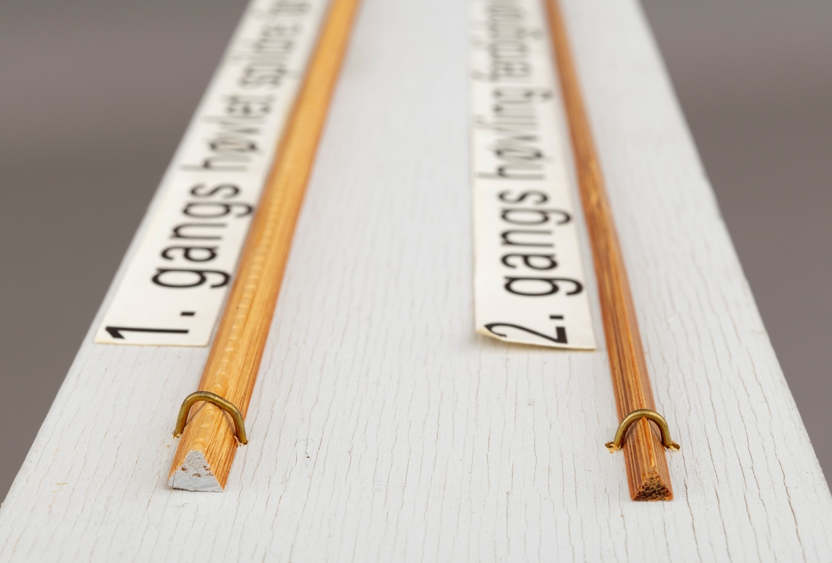 To splitcaneribber, spildrer av bambus (tonkinbambus), montert på en hvitmalt treplate. Spildrene har sitt utgansgpunkt i et bambusråemne (tonkinbambus) som er splittet opp og industrielt behandlet i firmaet Asbjørn Hørgårds maskiner, for deretter å bli limt sammen til fiskestenger.  Montasjen med de to spildrene har vært utstilt i museets basisutstilling om ferskvannsfiske fram til cirka 2013.

På den hvite treplata ses øverst en 1. gangs høvlet spildre før 2. gangs høvling og nederst en spildre (ribbe) etter 2. gangs høvling og som regnes som ferdig høvlet. En stangdel i ferdige fiskestanga, splitcanestanga, bestod av 6 ribber (spildrer). 

[Se referanser og referanser til filer for mer informasjon om hvordan framstillingen av splitkeinstenger foregikk. Se fanen "Opplysninger" for informasjon om Asbjørn Hørgård og hans firma. ]