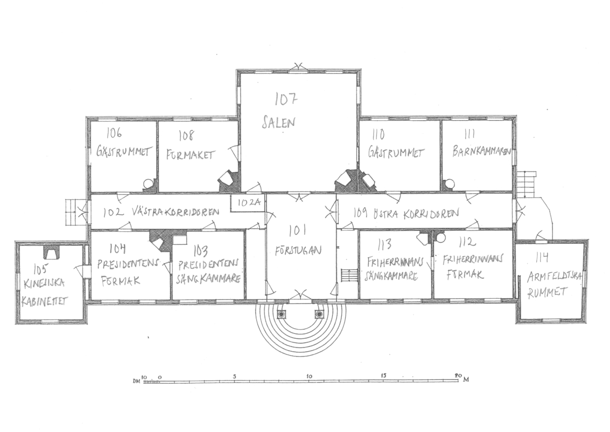 Huvudbyggnaden på Skogaholms herrgård är timrad i en våning med reveterade fasader. Grundplanen är den sex-delade planlösningen som modifierats genom extra sidokammare, en från fasaden framskjutande sal med förhöjt tak samt hörnpaviljonger på var gavel. En kolonnburen baldakin är placerad över ingången. Byggnaden har säteritak klätt med spån, de två hörnpaviljongernas tak är valmade och klädda med plåt. Byggnaden har två skorstenar klädda med kopparplåt. Centralt placerat i det översta takfallet, mitt för ingången, sitter  ett klocktorn med klocka, spåntak och vindflöjel. 

Byggnaden flyttades till Skansen 1930 från Skogaholms herrgård, Svennevads socken, Närke.