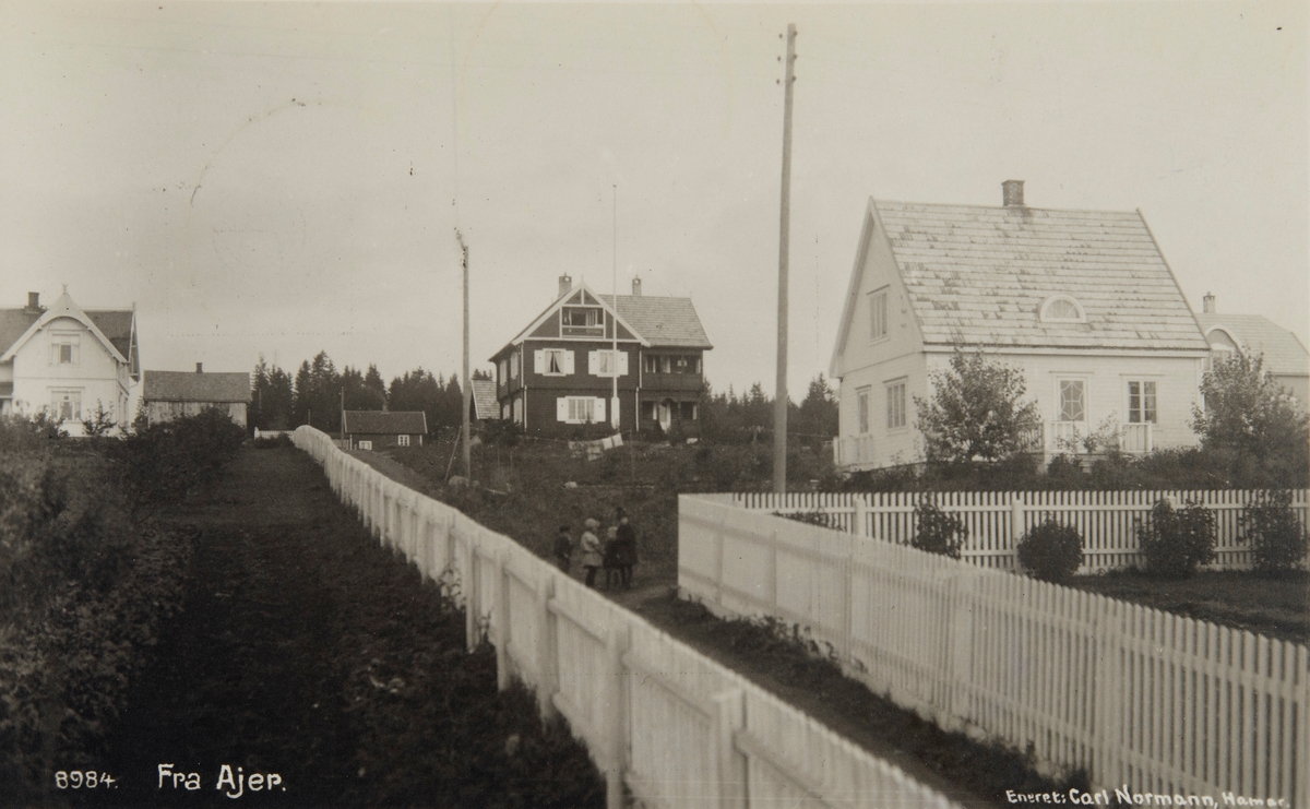 Postkort, Hamar, villa, boligbygging i bydelen Ajer, fra venstre: gavlen på Roald Amundsens gate 4, i midten Roald Amundsens gate 5 og til høyre Nordahl Griegsgate 3, stakitt,