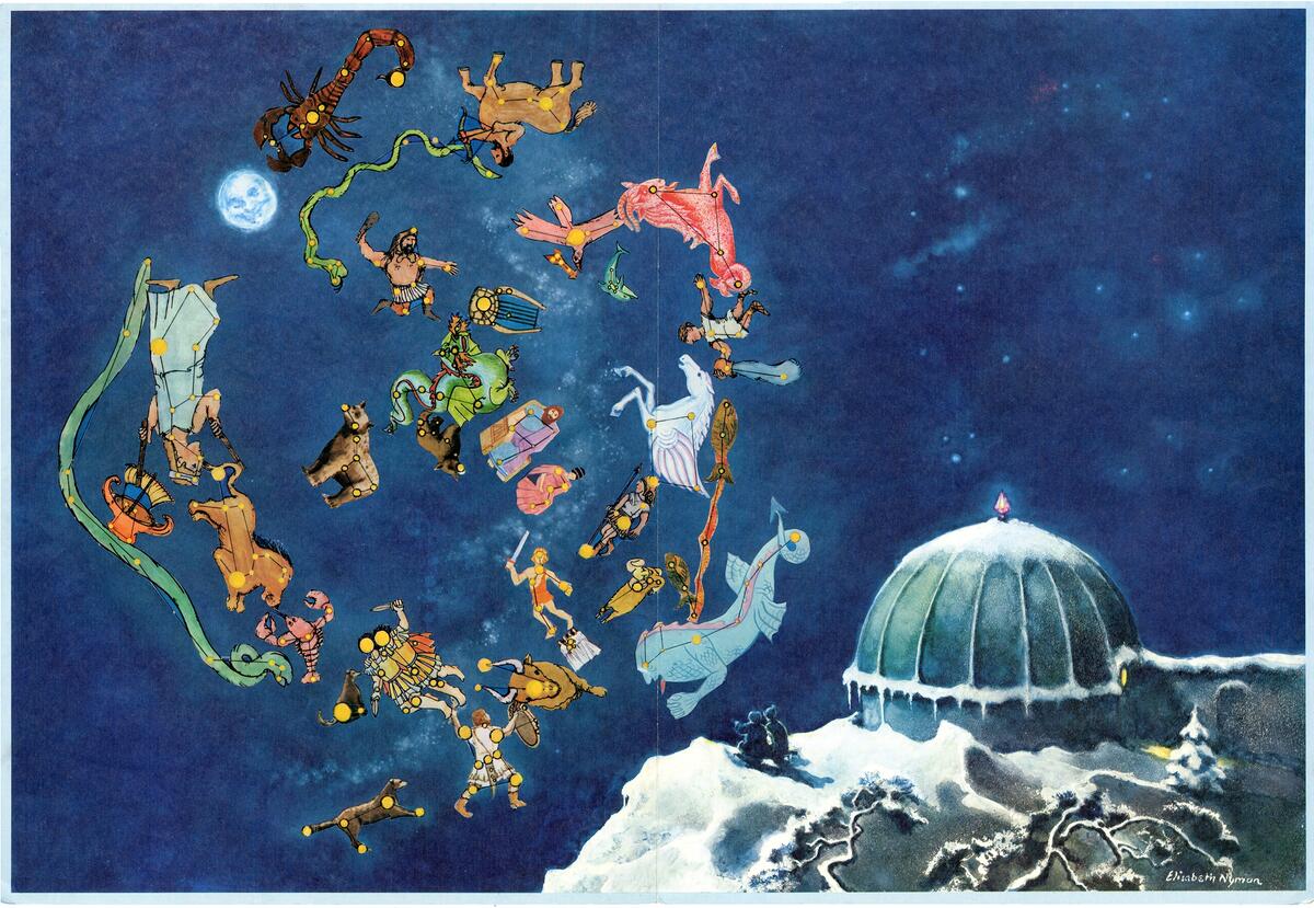 Sveriges Televisions kalender för 1981 "Stjärnhuset". Kalendern består av ett dubbelvikt ark med bild på båda sidor, ena sidan en stjärnhimmel med stjärntecknen runt omkring, den andra ett nattbild med ett observatorium i snö där klisterbilder av figurer som representerar stjärntecknen klistrats in avsnitt för avsnitt. Tecknad av Elisabeth Nyman, signerad i n h hörnet på båda sidorna. Förvaras i orginalförpackning tillsammans med radiokalendern för samma år, pris 7,50 kr för båda.