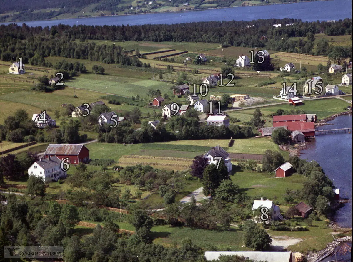 Remmem ytre, gnr. 44 +  ein del av Helland nedre..1. 44/70. Huset som Arnljot Solholm bygde..2. Karsten Kjersem, seinare Kjell Johansen budde her. Huset sanert på grunn av vegbygging. .3. 44/11 Tidlegare budde Hjalmar Lien her..4. 44/13 "Sollibø-eigedommen"..5. 44/17 "Strømme-eigedommen"..6. 44/1 Remmem ytre, "Sandgarden"..7. 44/15 "Solvang". Romsdal fylkesskule. Etablert 1910. Brann ned til grunnen 2016..8. 44/21 Fritidsbustad..9. 44/22. "Domaas-huset"..10. 44/6 "Ner-Gjeilin"..11. 44/21. Huset til Eidhammer..12. 45/7. "I Einå"..13. 46/4. "Fargargarden"..14. 44/18. "Vik-huset"..15. 44/10. Almås sitt forretnings- og bustadhus. Bygd av Olaf I. Helland.