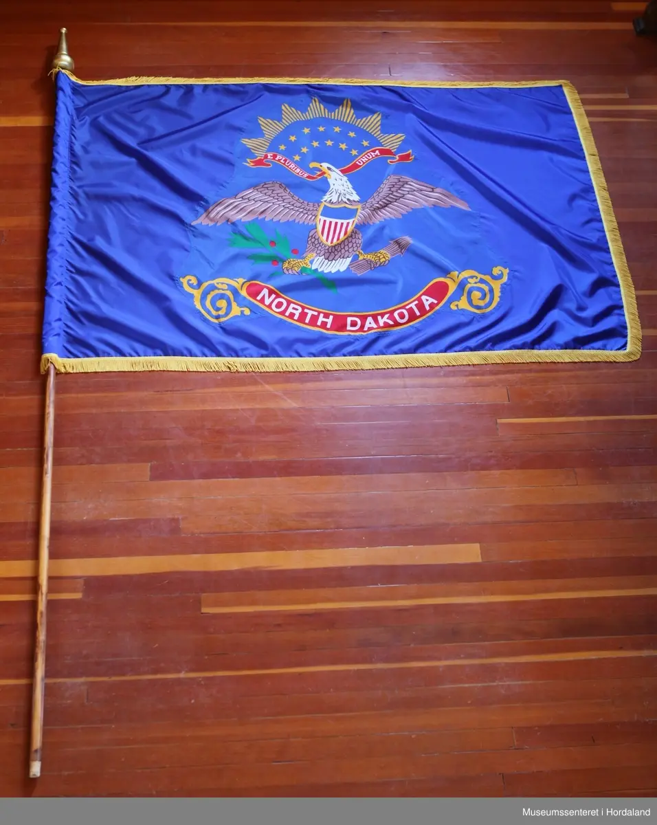 Flagg på stang. Flagget er rektangulært med den amerikanske ørna, hvithodehavørn, på blå bakgrunn. Ørna er vist med utstrakte vinger, skjold på brystet, den bærer olivenkvist i den ene kloa og piler i den andre kloa, hodet er i profil, og den holder et rødt bånd i nebbet med påskriften: "E PLURIBUS UNUM" ("av mange, en"). 13 gule stjerner er fordelt på to rader i bue over hodet til ørna (de representerer de opprinnelige delstatene i USA). Over disse er en bue med 7 gule trekanter. Under ørna er et rødt bånd kantet med gul ornamentikk og påskriften: "NORTH DAKOTA" i hvitt (delstaten). Rundt flagget er en gul frynsekant. Flagget er festet til en paradestang av tre med gyllen kule og spyd på toppen.
