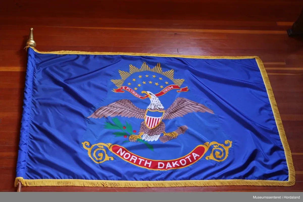 Flagg på stang. Flagget er rektangulært med den amerikanske ørna, hvithodehavørn, på blå bakgrunn. Ørna er vist med utstrakte vinger, skjold på brystet, den bærer olivenkvist i den ene kloa og piler i den andre kloa, hodet er i profil, og den holder et rødt bånd i nebbet med påskriften: "E PLURIBUS UNUM" ("av mange, en"). 13 gule stjerner er fordelt på to rader i bue over hodet til ørna (de representerer de opprinnelige delstatene i USA). Over disse er en bue med 7 gule trekanter. Under ørna er et rødt bånd kantet med gul ornamentikk og påskriften: "NORTH DAKOTA" i hvitt (delstaten). Rundt flagget er en gul frynsekant. Flagget er festet til en paradestang av tre med gyllen kule og spyd på toppen.