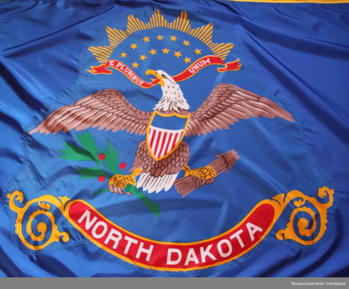 Flagg på stang. Flagget er rektangulært med den amerikanske ørna, hvithodehavørn, på blå bakgrunn. Ørna er vist med utstrakte vinger, skjold på brystet, den bærer olivenkvist i den ene kloa og piler i den andre kloa, hodet er i profil, og den holder et rødt bånd i nebbet med påskriften: "E PLURIBUS UNUM" ("av mange, en"). 13 gule stjerner er fordelt på to rader i bue over hodet til ørna (de representerer de opprinnelige delstatene i USA). Over disse er en bue med 7 gule trekanter. Under ørna er et rødt bånd kantet med gul ornamentikk og påskriften: "NORTH DAKOTA" i hvitt (delstaten). Rundt flagget er en gul frynsekant. Flagget er festet til en paradestang av tre med gyllen kule og spyd på toppen.
