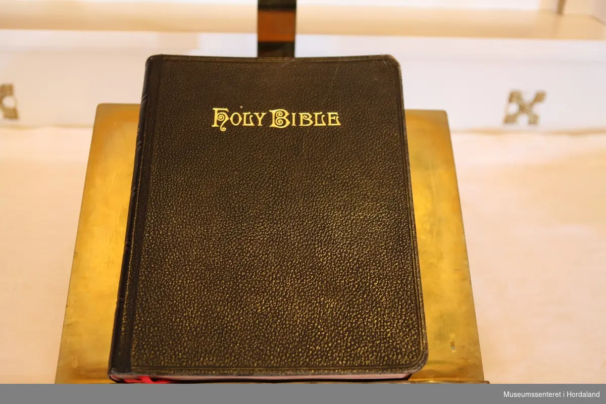 Stor, svart bibel med tittelen "Holy Bible" i gylne, dekorative bokstaver på forside og rygg.