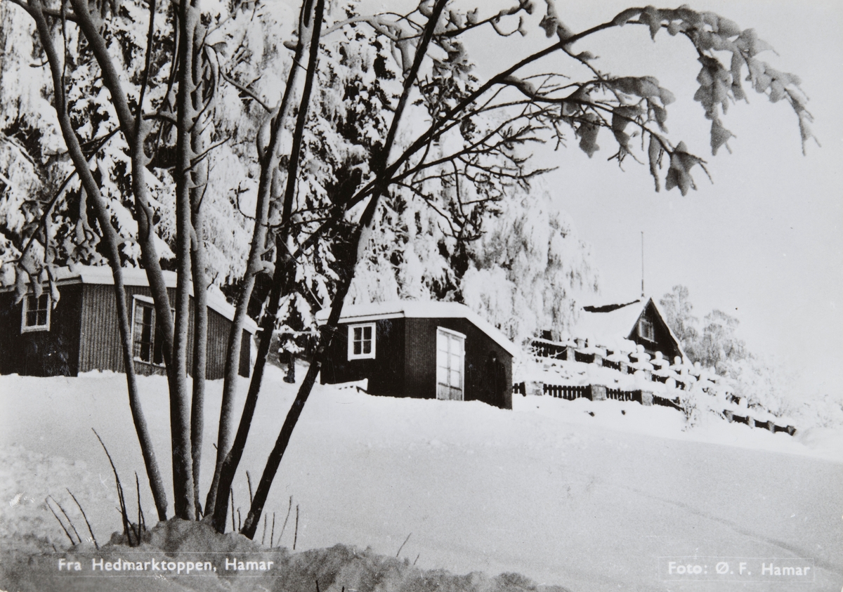 Postkort, Hamar, Hedmarktoppen Friluftsrestaurant og Sportsstua, vinter,