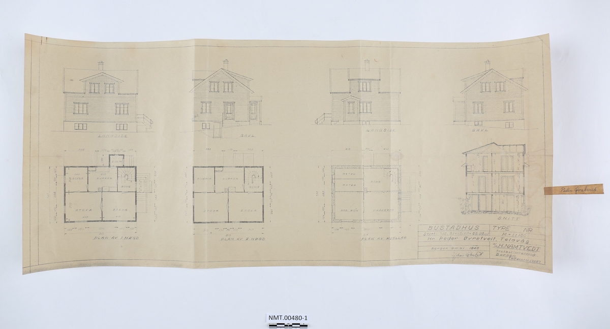 Kopiar av arkitektteikningar av bustadhus, uthus og sjøhus. Dei viser fasade- og planteikningar.
