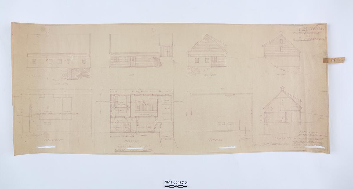 Kopi av arkitektteikning av fjøs- og låvebygning. Den viser fasade- og planteikningar.