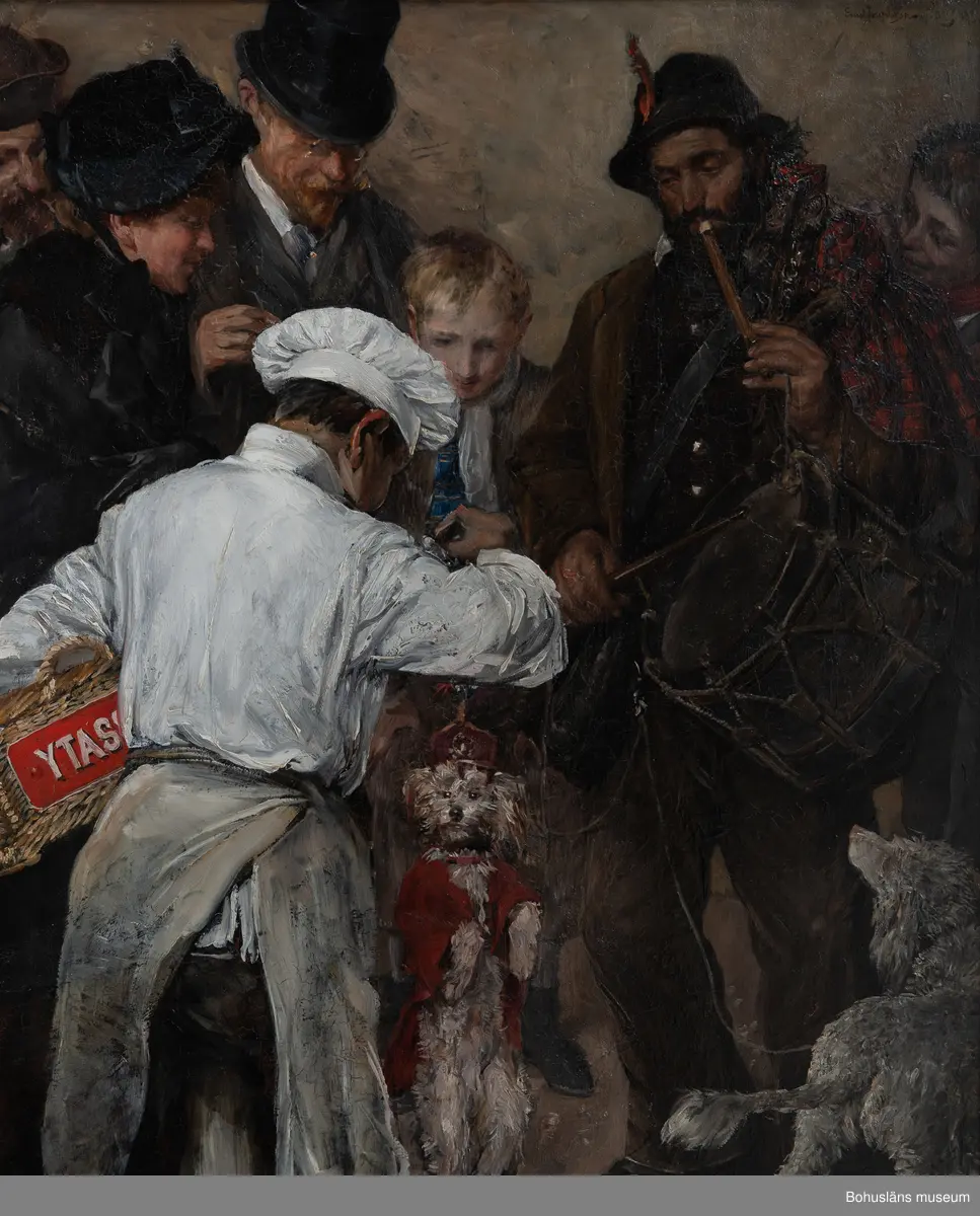 Ernst Josephson. Född i Sverige 1851, dö 1906.
Ett resande teatersällskap, 1883.
73,5 x 39. Olja på träpannå.

MONTERING/RAMNING
Träpannå av mahogny med fasad kant. Särskild anordning av hörnlister som pannån sitter inpassad i. Dekorerad förgylld träram av furu: H 94,0 x B 81,5 cm. Tvärställda narar i hörnen.

UPPGIFTER PÅ BAKSIDAN
Anteckningar på ram:
Inringad och överstruken sifferkombination, "76" med blå krita.
Överstruket "K351" med blå krita.
Blyertsanteckning: "Olsson".
Två fastklistrade etiketter. Den ena är dekorerad med tryckt text "83 " samt blyertsanteckning "London".
På den andra etiketten tryckta texten:
"'Erotikk og galskap'
Ernst Josephson og Augste Rodin
Blaafarvevaerket 19.05.01 - 23.09.01
Ernst Josephson: Ett resande teatersällskap (1883)
Katalog nr. 20"
På pannån klistrad pappersetikett med tryckta texten:
"ERNST JOSEPHSON
Minnesutställning 1951
Ägare Grosshandlare John Johnson (handskrivet tusch)
Titel 'Ett resande teatersällskap' (handskrivet tusch)
Adress Ulricehamn (handskrivet tusch)
LILJEVALCHS KONSTHALL 
kat. nr. 143"
Tandade tryckta etiketter: ""296 resp. "222".
Kritanteckningar på pannån med blått: "Reisende Theaterselskab Ernst Josephson.
Anteckningar på ram och duk: Inringad och överstruken sifferkombination, "25", med blå krita.
"28" skrivet med blå resp. röd krita på pannån.

Övrig historik se JJ01.