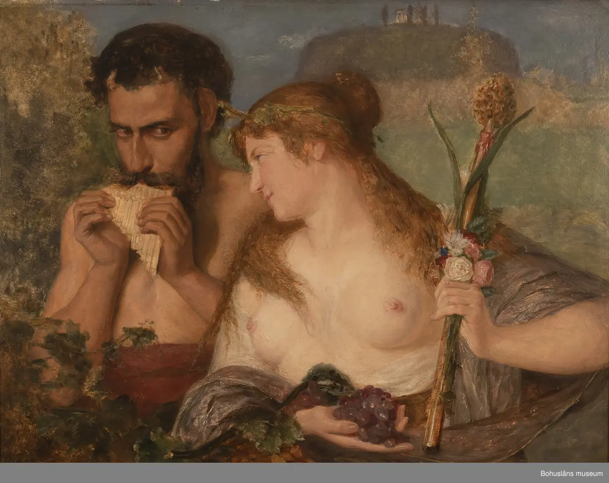 Ernst Josephson. Född i Sverige 1851, död 1906. 
Nymf och faun 42,5 x 53. Olja på träpannå. 
Tillkomsttid 1877/1878
Replik till målning nr 3373 i Nationalmuseum, Stockholm.

MONTERING/RAMNING
Mahognypannå.

Dekorerad förgylld träram i nyrokoko (kan också kallas impressionistram). Sparsamt träskuren dekor i hörnena, därutöver pastellage. Enbart de upphöjda partierna är förgyllda, i övrigt guldmålad. 
Troligen en återanvänd ram där en kraftig inkantslist var ett sätt att få den nygamla ramen att fysiskt passa ihop med själva målningen. 

UPPGIFTER PÅ BAKSIDAN
Anteckningar med svart tusch på två fastklistrade papperslappar på pannåns baksida:
Jag bevidner hermed at dette Billede ("Faun og Baccant-
ende") er malet af Ernst Josefson, svensk 
maler. 
Christiania 8/8 1905 Chr. Skredsvig.
Ovanstående erklarings 
rigtigheed attesteres 
C.W.Blomqvists"
Kunsthandel For......ning 
Guldlistfabrik
C?O Wasteson 

På den andra fastklistrade papperslappen finns anteckningen: 
År 1917 den 11 december, å Bukowskis 
auktion, inköpt at W. Zethelius.

Tre tryckta utställningsetiketter:
"ERNST JOSEPHSON
Minnesutställning 1951
Ägare Grosshandlare John Johnson (handskrivet tusch)
Titel 'Nymf och Faun (replik) " (handskrivet tusch)
Adress Ulricehamn (handskrivet tusch)
LILJEVALCHS KONSTHALL 
Jfr. kat. nr.  107."

"Erotikk og galskap
Ernst Josephson og Augste Rodin
Blaafarvevaerket 19.05.01 - 23.09.01
Ernst Josephson: Nymf och faun 
Katalog nr. 7"

PRINS EUGENS WALDEMARSUDDE
UTSTÄLLNING Ernst Josephson
TID 2001-10-13 -- 2002-01-13
KONSTNÄR Ernst Josephson
KAT. 21.
TITEL Nymf och faun. 1878
TEKNIK Olja på pannå  MÅTT 41 x 52
ÄGARE Bohusläns museum"

På ramen finns två sifferanteckningar med blå krita: "197" understruket och "25" inringat.

På 1930-talet ägdes målningen av Konsul Hjalmar Wicander enligt bildtext i boken "Nutida svenskt måleri", Ragnar Hoppe, 1936.

Övrig historik se JJ01.