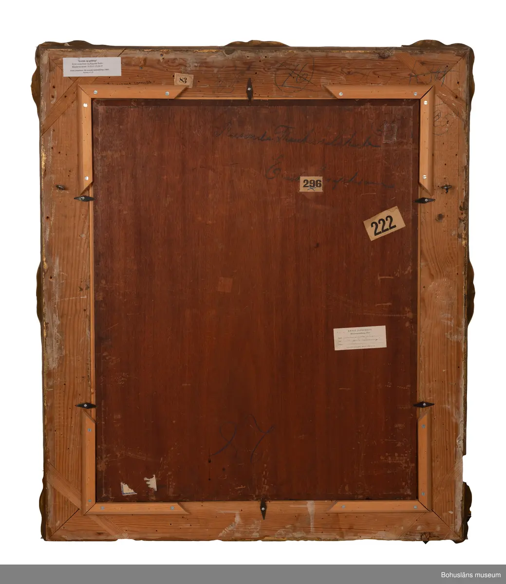 Ernst Josephson. Född i Sverige 1851, dö 1906.
Ett resande teatersällskap, 1883.
73,5 x 39. Olja på träpannå.

MONTERING/RAMNING
Träpannå av mahogny med fasad kant. Särskild anordning av hörnlister som pannån sitter inpassad i. Dekorerad förgylld träram av furu: H 94,0 x B 81,5 cm. Tvärställda narar i hörnen.

UPPGIFTER PÅ BAKSIDAN
Anteckningar på ram:
Inringad och överstruken sifferkombination, "76" med blå krita.
Överstruket "K351" med blå krita.
Blyertsanteckning: "Olsson".
Två fastklistrade etiketter. Den ena är dekorerad med tryckt text "83 " samt blyertsanteckning "London".
På den andra etiketten tryckta texten:
"'Erotikk og galskap'
Ernst Josephson og Augste Rodin
Blaafarvevaerket 19.05.01 - 23.09.01
Ernst Josephson: Ett resande teatersällskap (1883)
Katalog nr. 20"
På pannån klistrad pappersetikett med tryckta texten:
"ERNST JOSEPHSON
Minnesutställning 1951
Ägare Grosshandlare John Johnson (handskrivet tusch)
Titel 'Ett resande teatersällskap' (handskrivet tusch)
Adress Ulricehamn (handskrivet tusch)
LILJEVALCHS KONSTHALL 
kat. nr. 143"
Tandade tryckta etiketter: ""296 resp. "222".
Kritanteckningar på pannån med blått: "Reisende Theaterselskab Ernst Josephson.
Anteckningar på ram och duk: Inringad och överstruken sifferkombination, "25", med blå krita.
"28" skrivet med blå resp. röd krita på pannån.

Övrig historik se JJ01.