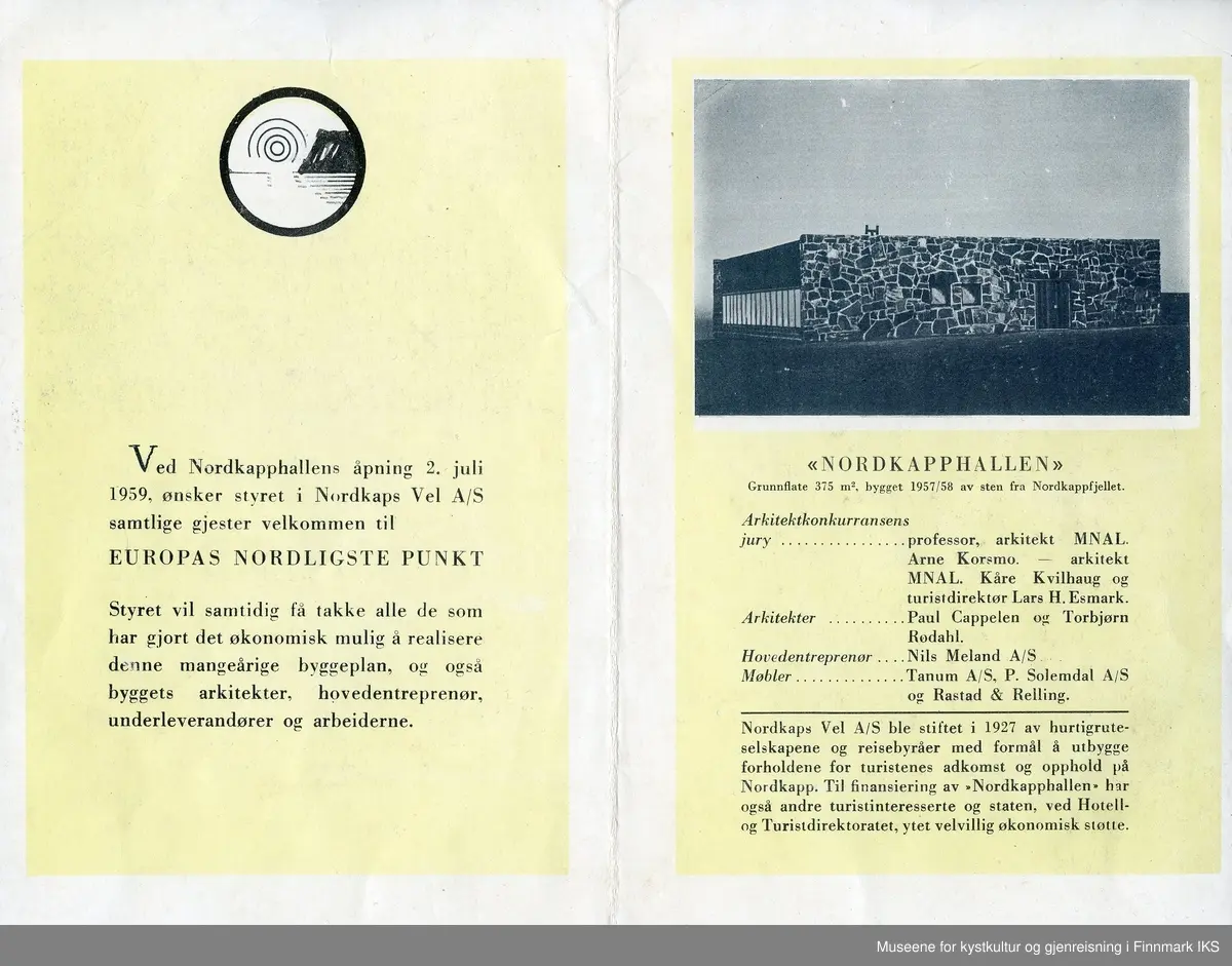 Diplom i anledning av den offisielle åpningen av Nordkapphallen, 02.07.1959.
