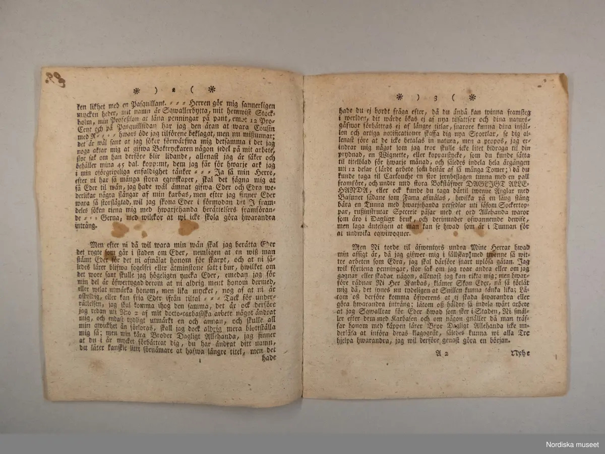 Tidning. Stockholms Sqwallerbytta N:o 1 och 2. Tryckt hos Wennberg och Nordström år 1772.