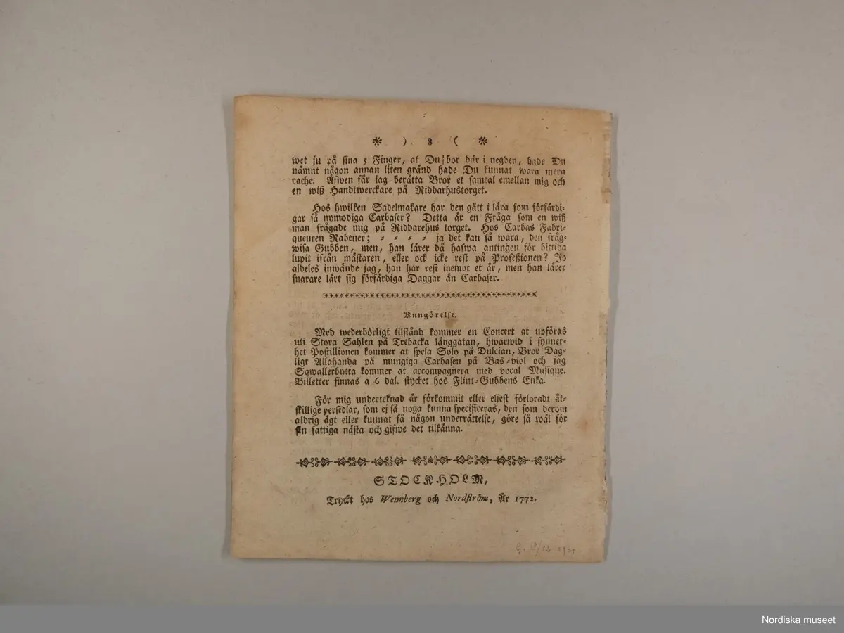 Tidning. Stockholms Sqwallerbytta N:o 1 och 2. Tryckt hos Wennberg och Nordström år 1772.