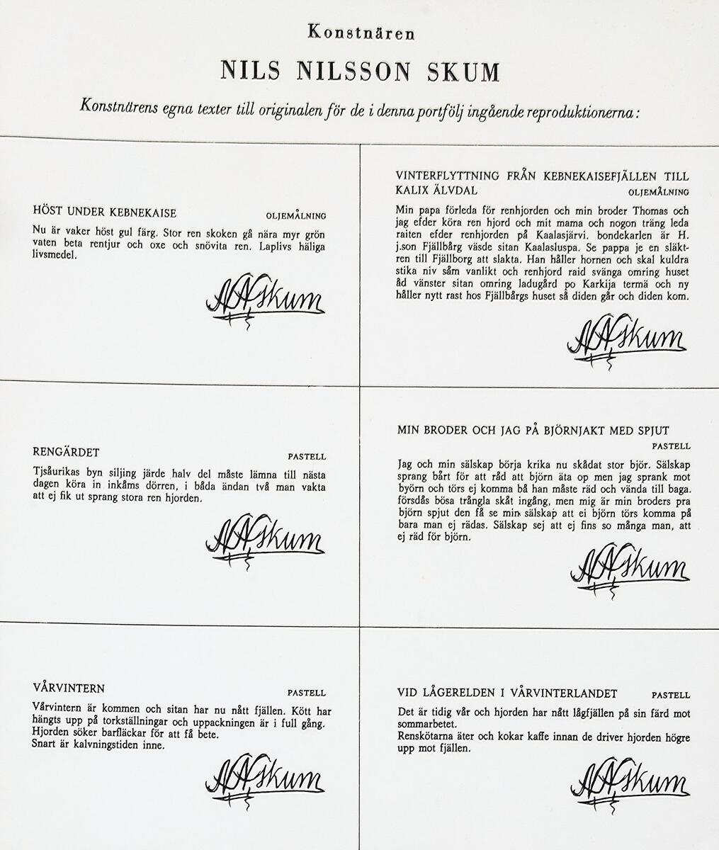 Portfölj med 6st färgreproduktioner av oljemålningar och pasteller av Nils Nilsson Skum samt en tillhörande beskrivning. 1. Höst under Kebnekaise 2. Vinterflyttning från Kebnekaisefjällen till Kalix älvdal 3. Rengärdet 4. Min broder och jag på björnjakt med spjut 5. Vårvintern 6. Vid lägerelden i vårvinterlandet (7. Beskrivning till bilderna) Ligger i egen mapp försedd med text och omslagsbild.
I samlingarna utan nummer vid inventering 2016.