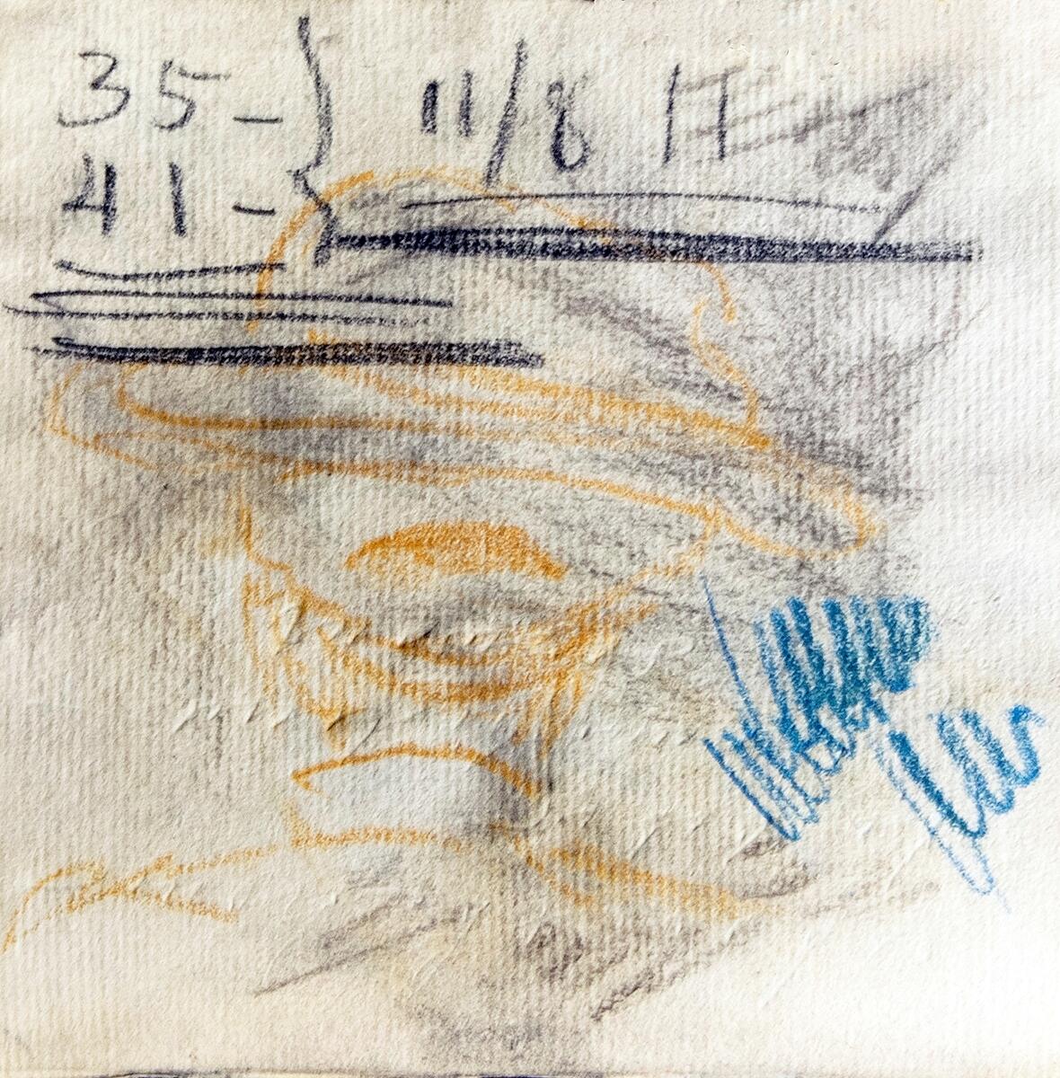 En skissbok med pärmar klädda i brunt tyg med plats för penna (saknas). Blandade motiv, 60 st, såsom porträtt, Visbymiljöer, landskapsstudier m.m. Teknik: pastellkrita, kol, blyerts. Datumstämplar förekommer, den äldsta från 31 juli 1911. Möjligen är konstnären Edvard Cramér.
I samlingarna utan nummer vid inventering 2016.