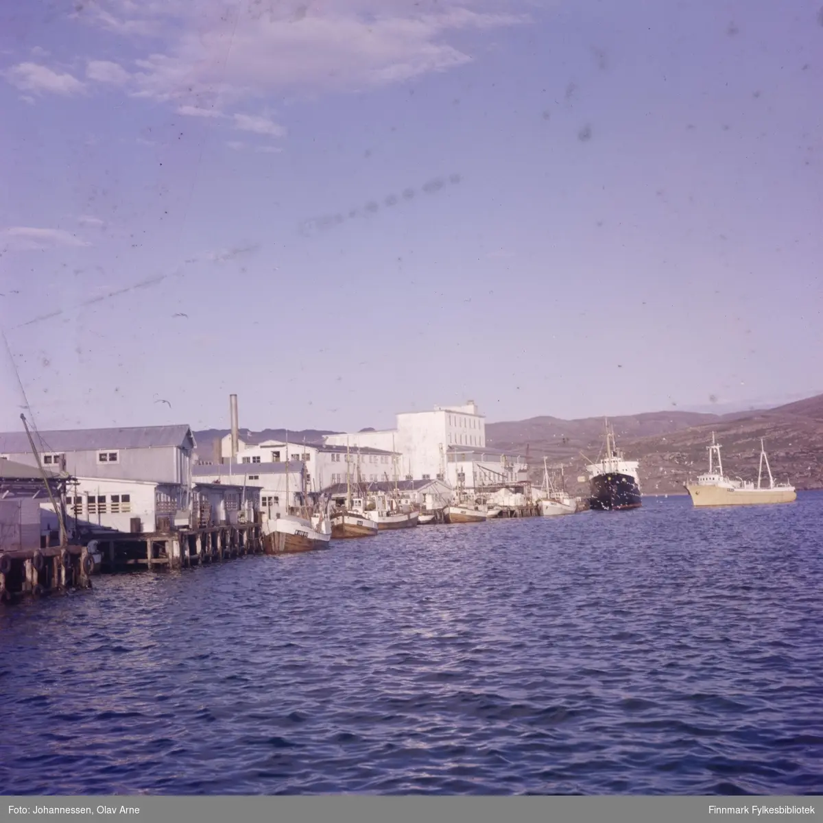 Foto av hurtigrute ( til høyre i midten) og fiskebåter til venstre

Til venstre for fiskebåtene kan man se et stort, hvit bygg. Det er Finotro bruket 

Foto trolig tatt på 1960/70-tallet