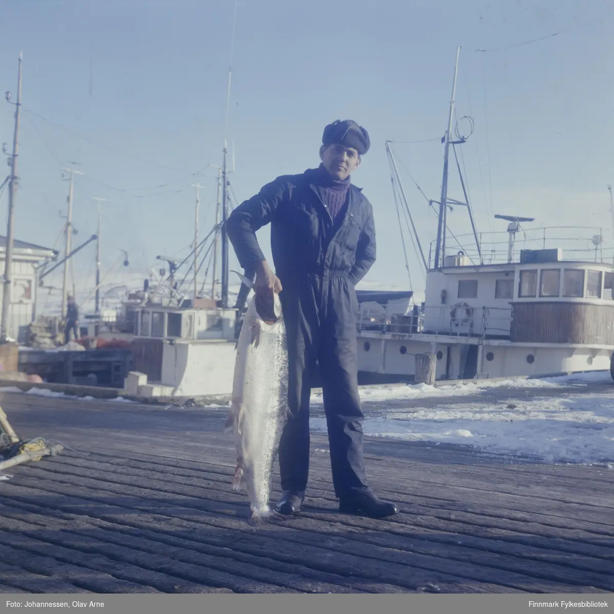 Lokalbåt/Hurtigrute bak til høyre

Evald Reiersen med stor laks, foto trolig tatt på tidlig 1970-tallet

Han er kledd i kjeledress, genser og lue 