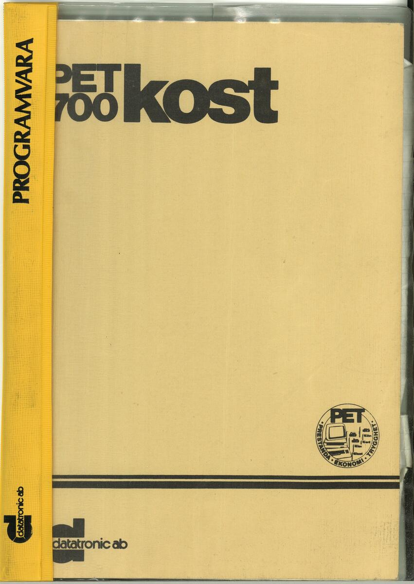 Handbok i plastmapp med gul rygg, beige framsida med svart text bl a "pet700 kost", datorn inköptes ny av georg hall i forshaga i värmland vars frus syster är gift med donator thure andersson, vilken senare har använt datorn.
nyreg Data 2001-11-06 ks