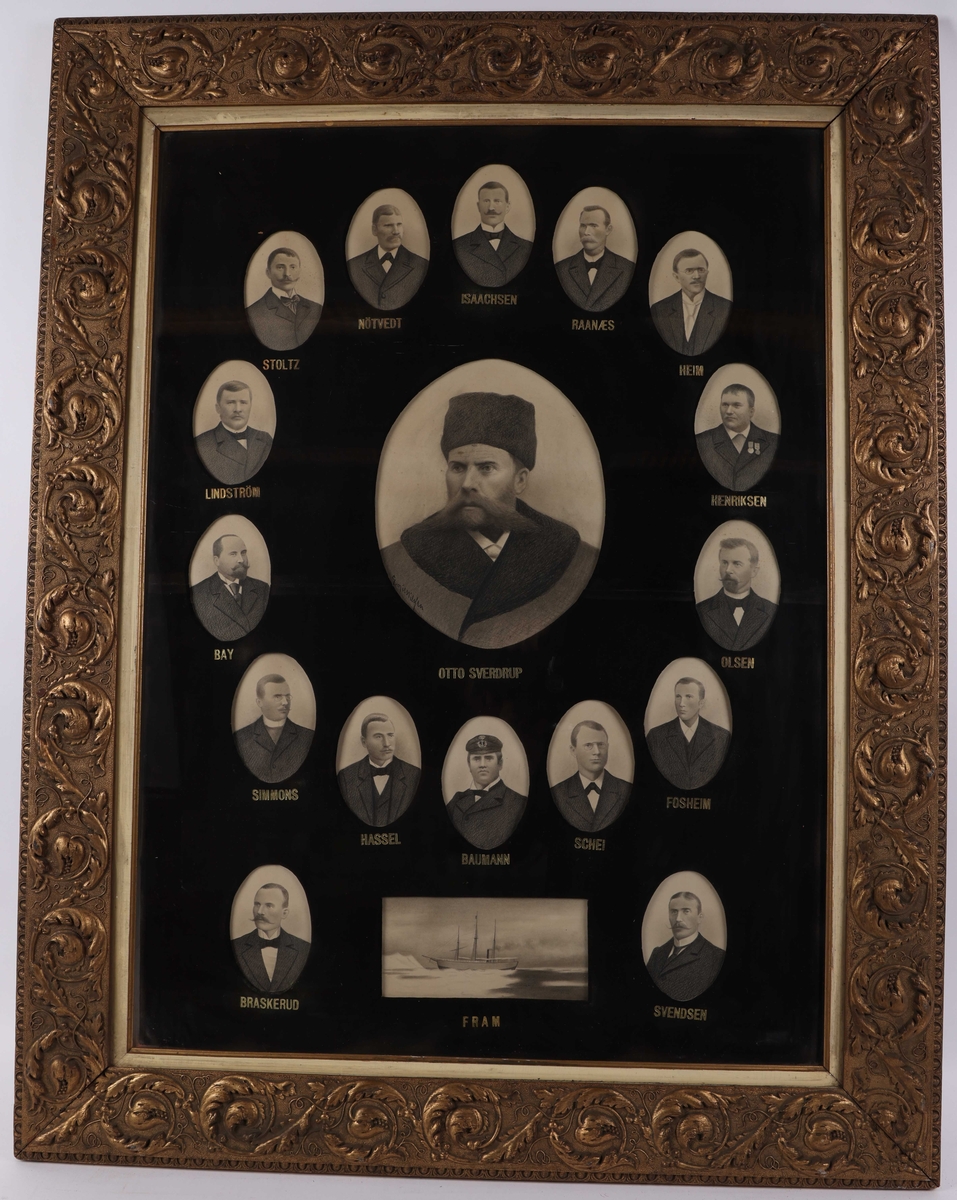 Portrettegninger av alle deltakerne på Otto Sverdrup´s 
FRAM tokt i 1898-1902 med tegning av skipet i isen.