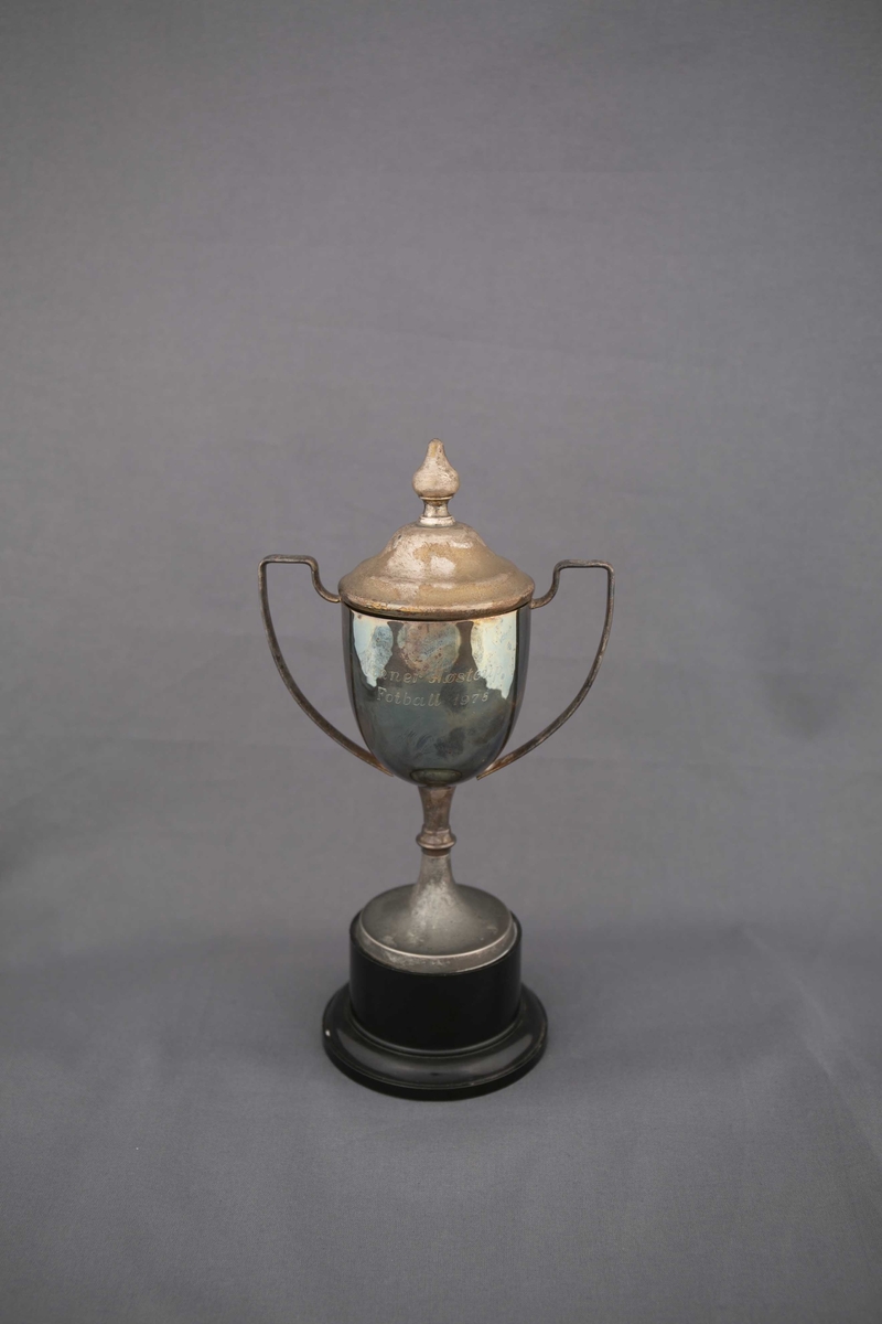 Sølvpokal med hank på hver side, på sokkel med tekst inngravert. Med lokk.