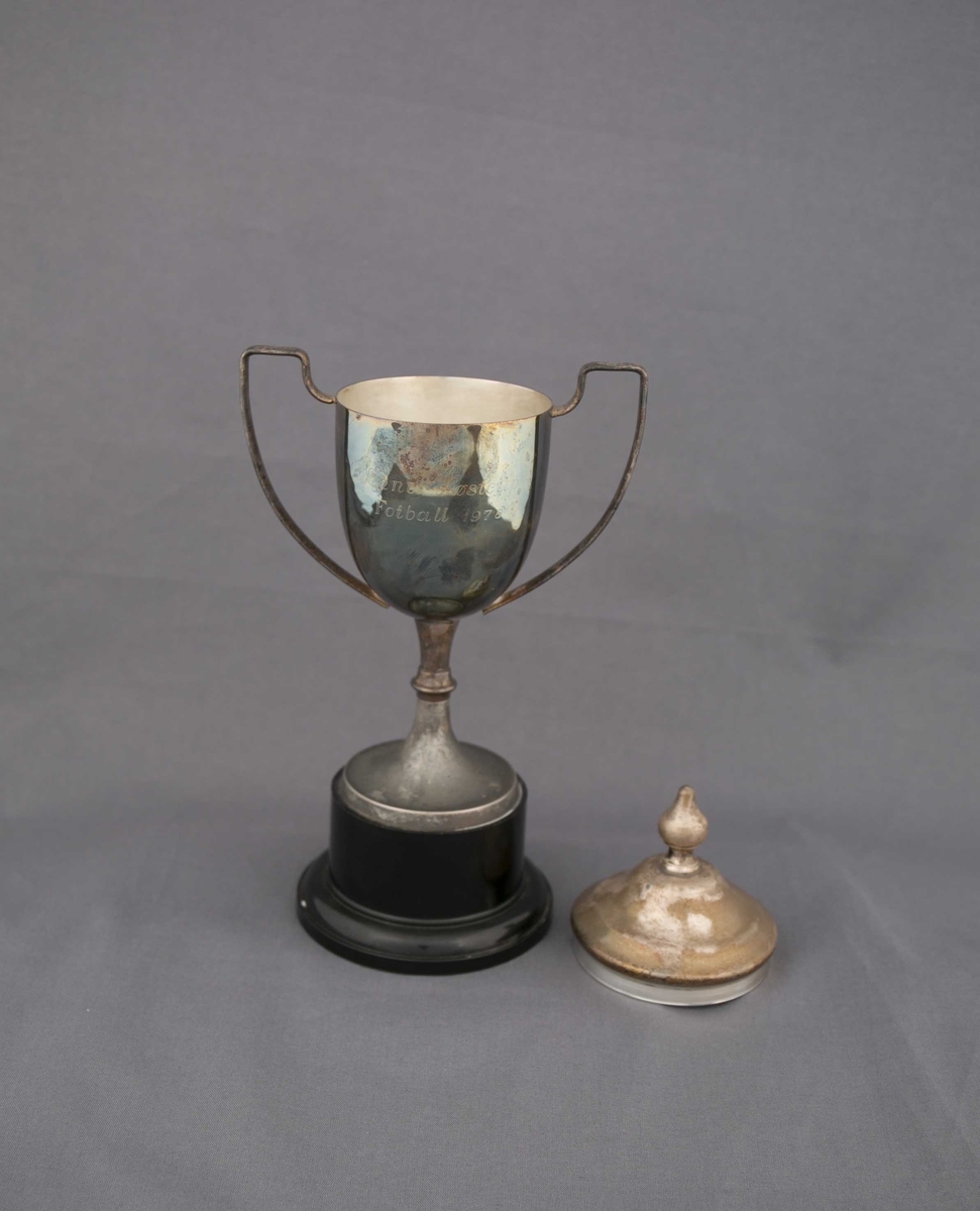 Sølvpokal med hank på hver side, på sokkel med tekst inngravert. Med lokk.