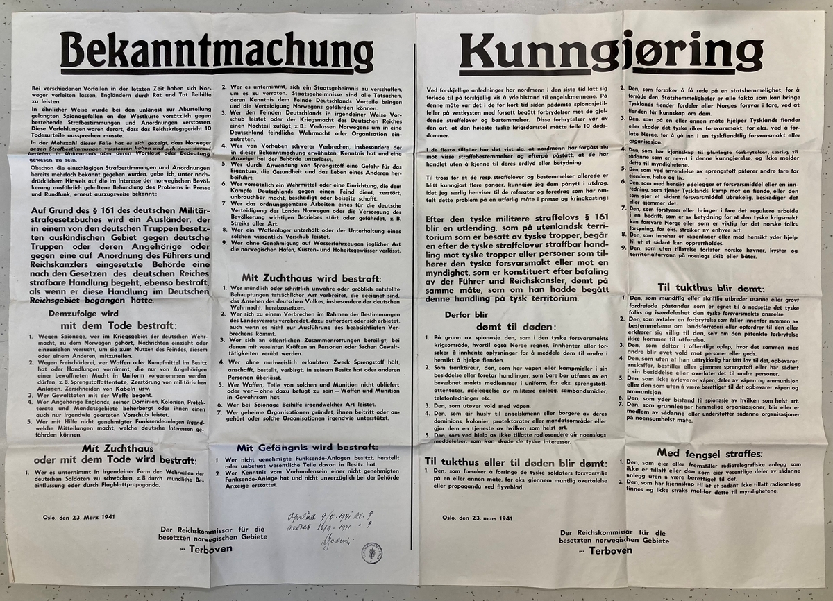 Kunngjøringsplakat om straffereaksjoner for motstand.