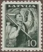 Frimärke ur Gösta Bodmans filatelistiska motivsamling, påbörjad 1950.
Frimärke från Lettland, 1939. Motiv av Lettisk man med lie och sädesskörd 