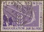 Frimärke ur Gösta Bodmans filatelistiska motivsamling, påbörjad 1950.
Frimärke från Indien, 1950. Motiv av Primitiv indisk träplog. Sädesax. -Invigning av Republiken 26 januari 1950