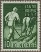 Frimärke ur Gösta Bodmans filatelistiska motivsamling, påbörjad 1950.
Frimärke från Norge, 1944. Motiv av Norsk plöjare Landshjelpen