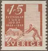 Frimärke ur Gösta Bodmans filatelistiska motivsamling, påbörjad 1950.
Frimärke från Sverige, 1948. Motiv av Plöjande av nymark Stuga och skyskrapa 100-årsminne av den första svenska emigrationen till U.S.A. 1848-1948.