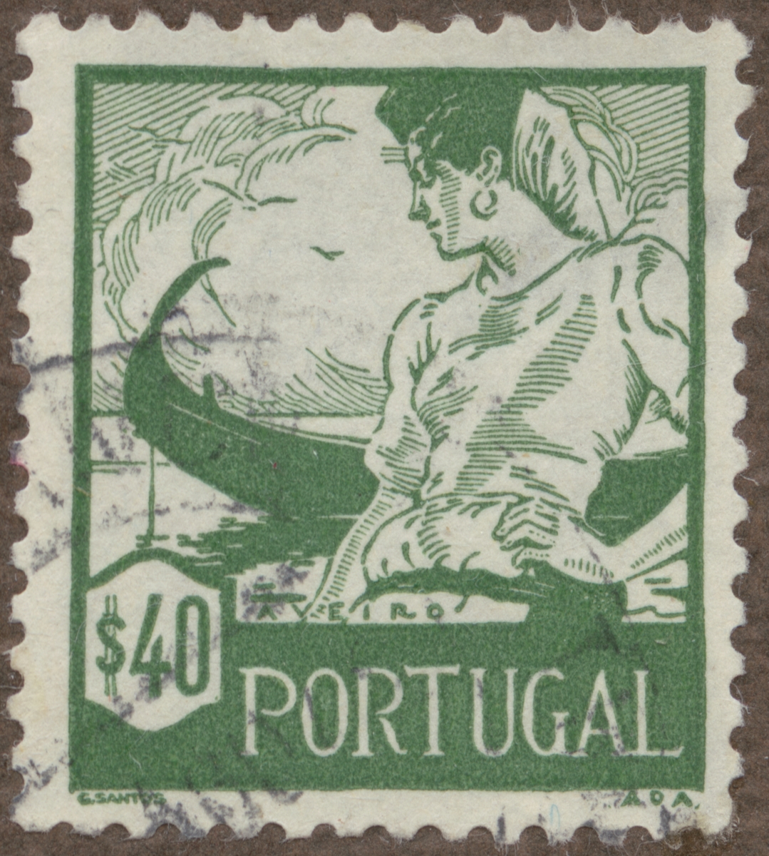 Frimärke ur Gösta Bodmans filatelistiska motivsamling, påbörjad 1950.
Frimärke från Portugal, 1941. Motiv av Portugisiskt fiskarflicka från Aveiro "-Serie av nationaldräkter-"