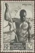 Frimärke ur Gösta Bodmans filatelistiska motivsamling, påbörjad 1950.
Frimärke från Franska Ekvatorial Afrika, 1947. Motiv av Fiskande med spjut i Nigerfloden- Afrika