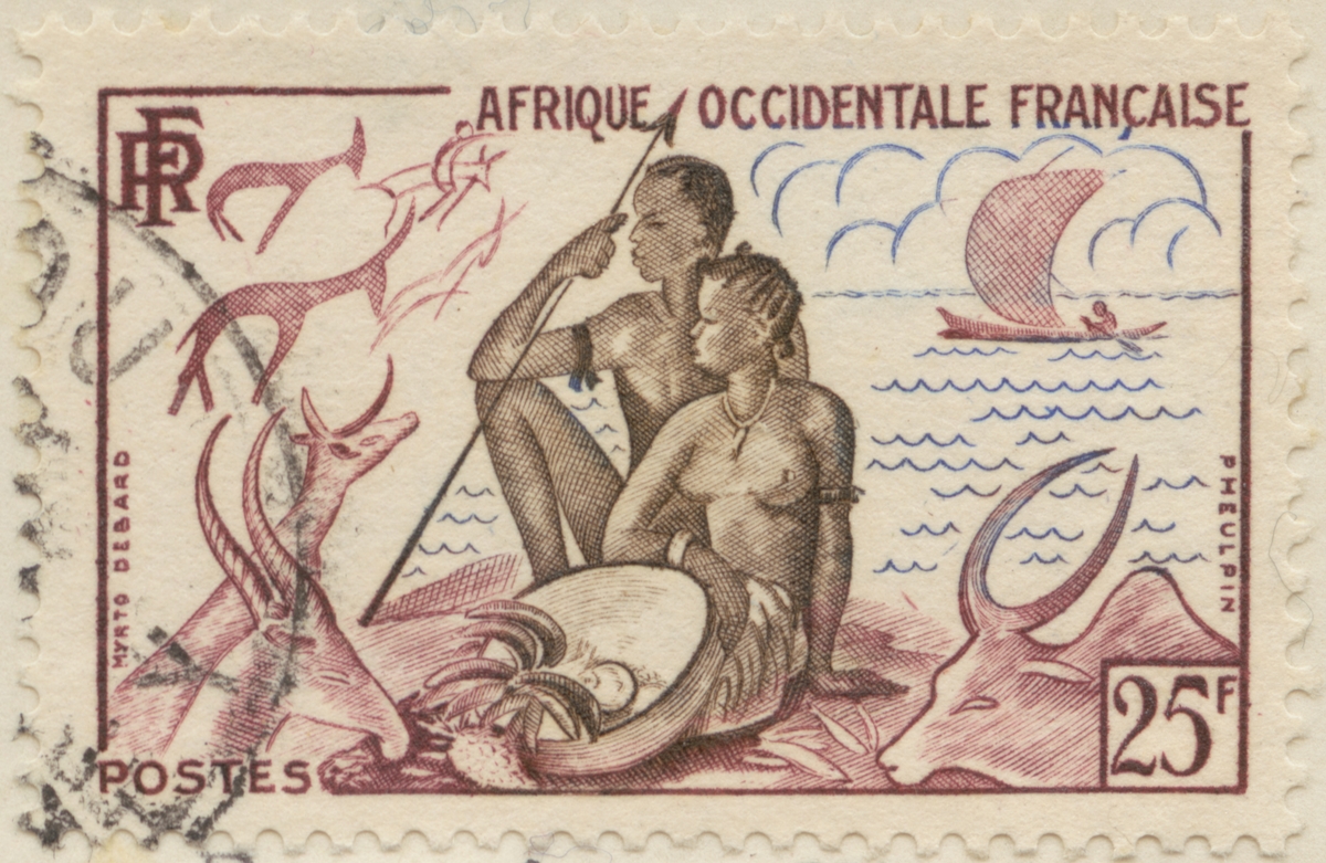 Frimärke ur Gösta Bodmans filatelistiska motivsamling, påbörjad 1950.
Frimärke från Franska Västfrika, 1954. Motiv av Symbol för jakt och fiskeri
