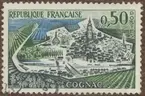 Frimärke ur Gösta Bodmans filatelistiska motivsamling, påbörjad 1950.
Frimärke från Frankrike, 1961. Motiv av Staden Cognac vid Charente i centum av rikt lantbruksdistrikt. -Känd för sin druvbrännvin (