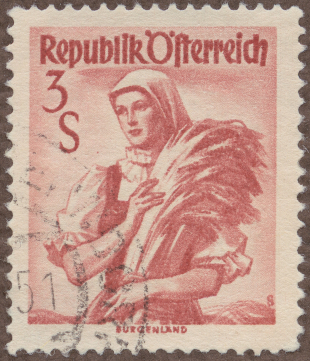 Frimärke ur Gösta Bodmans filatelistiska motivsamling, påbörjad 1950.
Frimärke från Österrike, 1948. Motiv av Österrikisk kvinna med sädeskärve (Burgenland) "Serie för nationaldräkter"