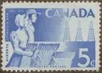 Frimärke ur Gösta Bodmans filatelistiska motivsamling, påbörjad 1950.
Frimärke från Canada, 1955. Motiv av Canadensiskt skördefolk: nybyggare Provinserna Alberta och Saskatchewan 50 år: 1905-1955.