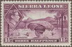 Frimärke ur Gösta Bodmans filatelistiska motivsamling, påbörjad 1950.
Frimärke från Sierra Leone, 1938. Motiv av Risets skördande (t.v.): Kung George VI-