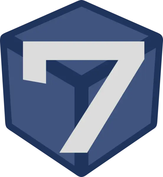 Logo terningkast 7. Hvitt 7-tall på blå bakgrunn i et heksagon