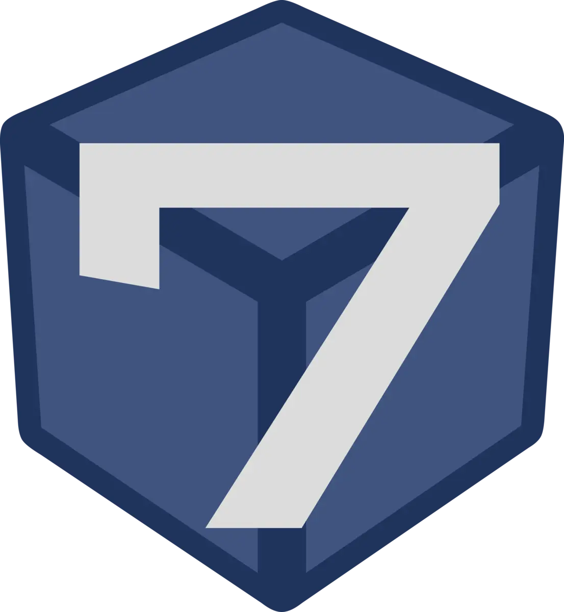 Logo terningkast 7. Hvitt 7-tall på blå bakgrunn i et heksagon