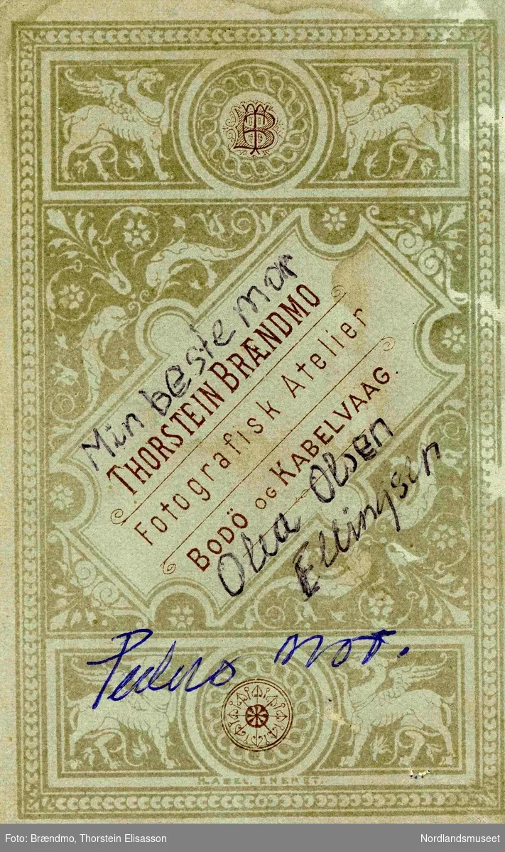 Portrett av Olea Elisabeth Olsen ( f. 1870) fra Steigberget på Engeløya. Gift på Røssøya med Oluf Røst Pedersen.
