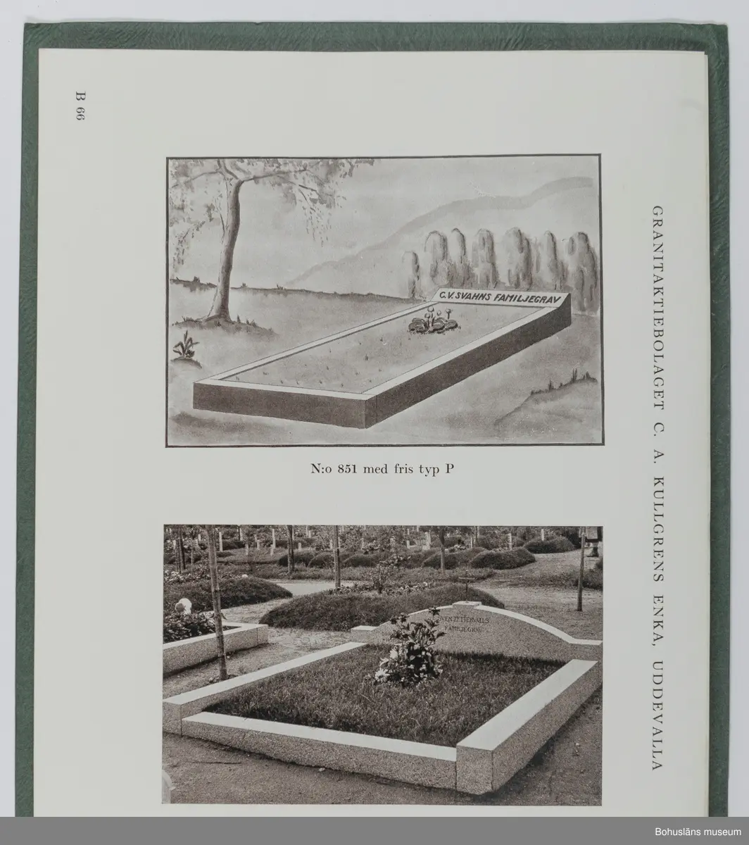 Reklambroschyr för Granitaktiebolaget Kullgrens Enkas gravvårdar, 1930-tal.