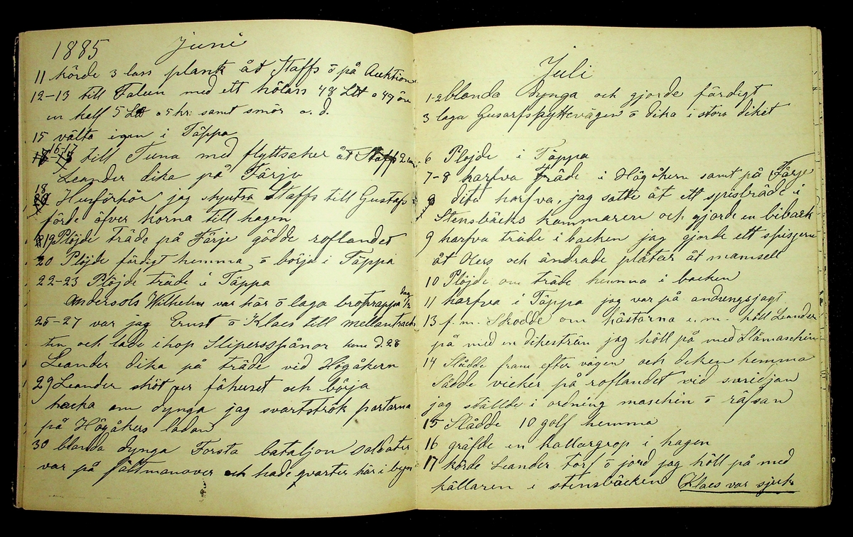 Dagbok åren 1885-1888 efter Hemmansägare Sigge Johan Gustaf Eriksson i Översätra, Stora Skedvi socken.