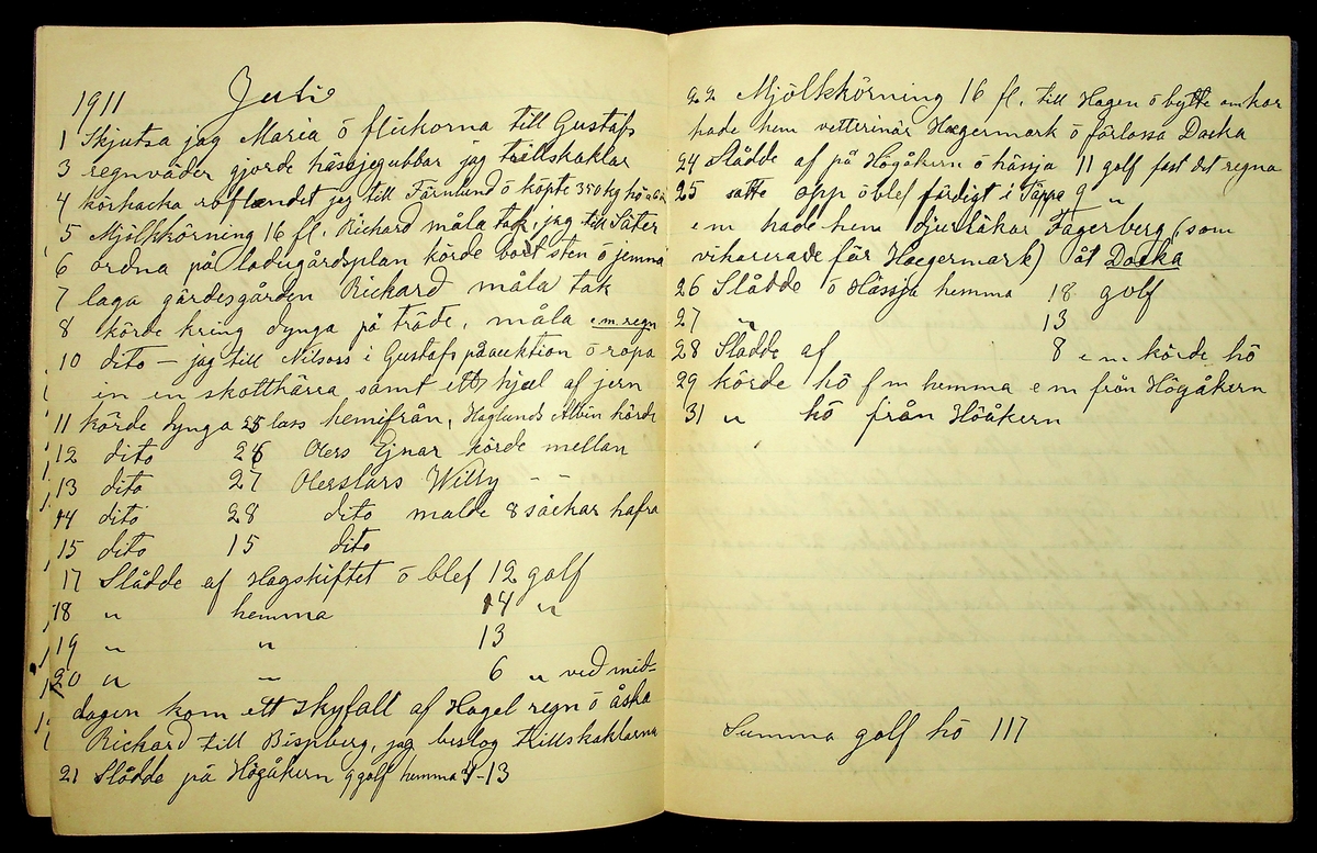 Dagbok år 1911 efter Hemmansägare Sigge Johan Gustaf Eriksson i Översätra, Stora Skedvi socken.
